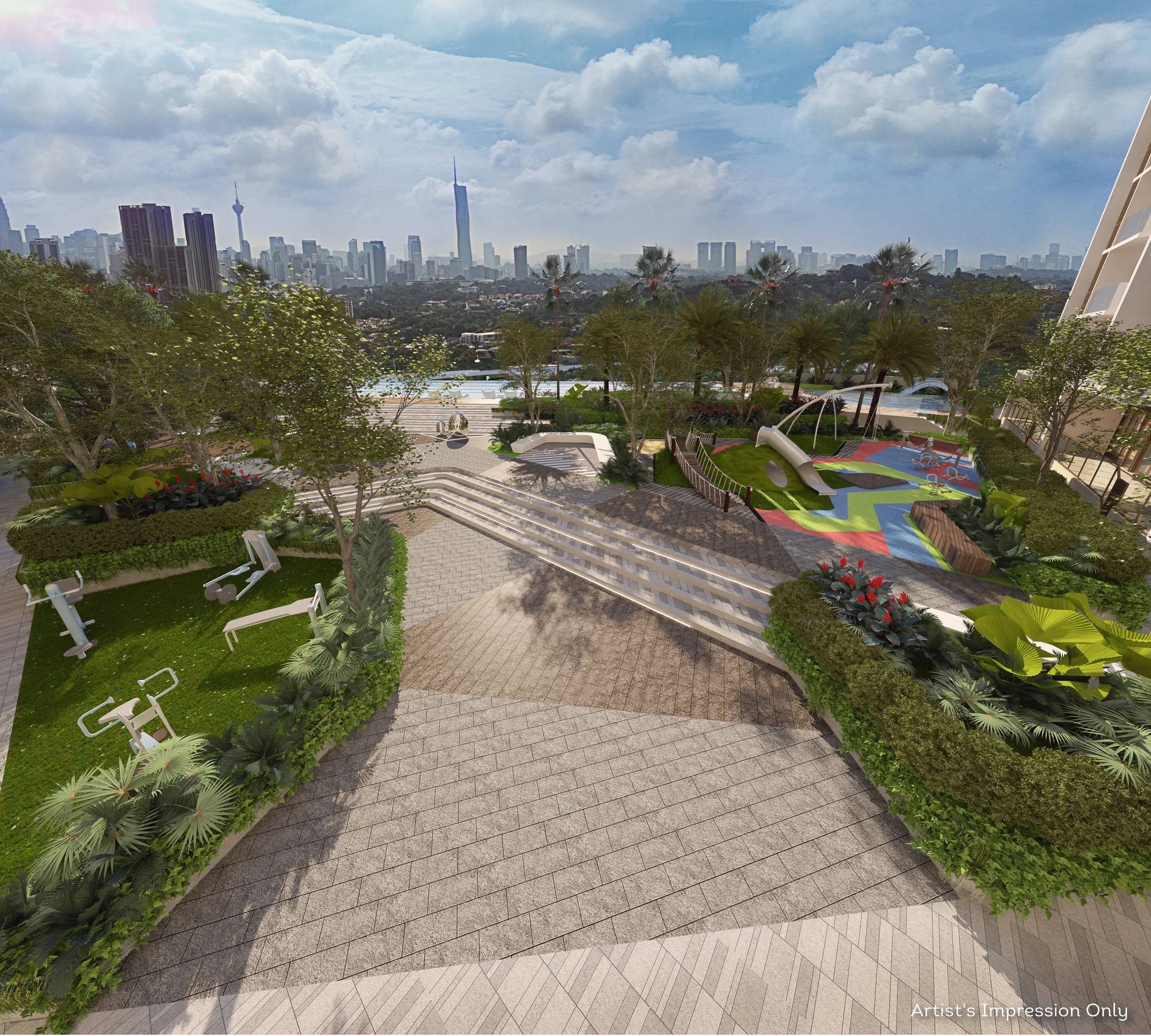 Artist’s impression of elevated landscaped gardens with fitness stations, children’s playground, and tiered walkways overlooking the Kuala Lumpur skyline.