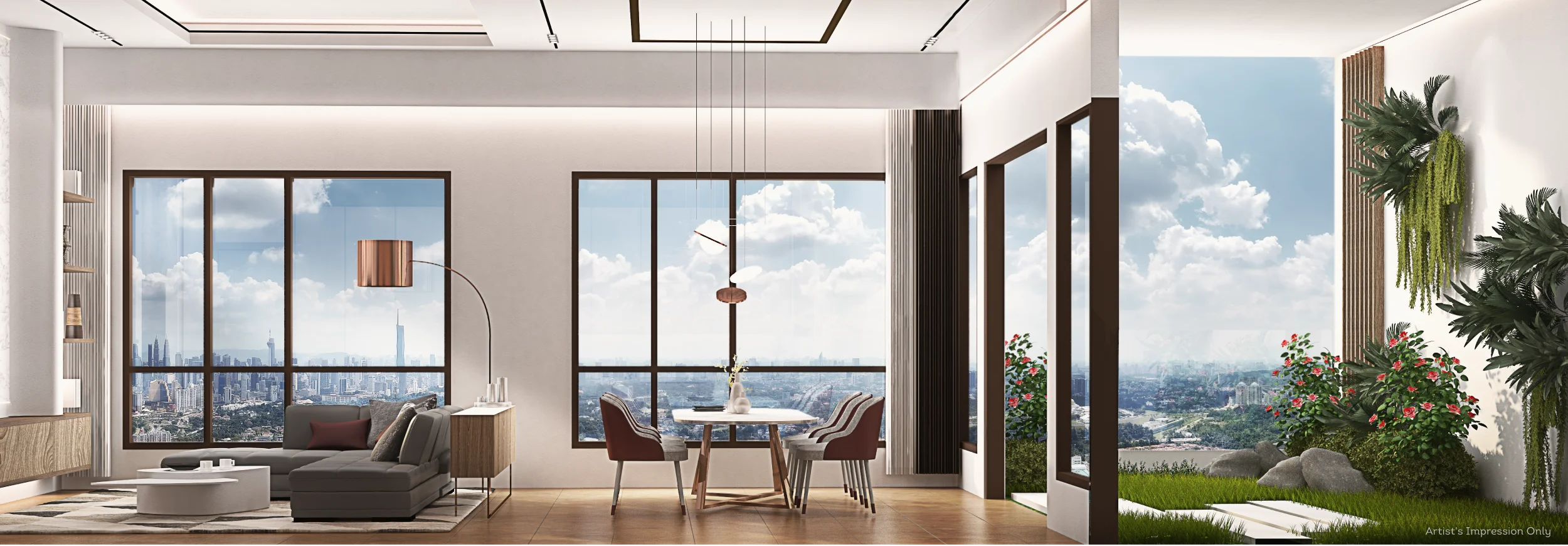 Artist’s impression of a modern open-plan living and dining area with floor-to-ceiling windows, city skyline views, and seamless indoor–outdoor greenery.